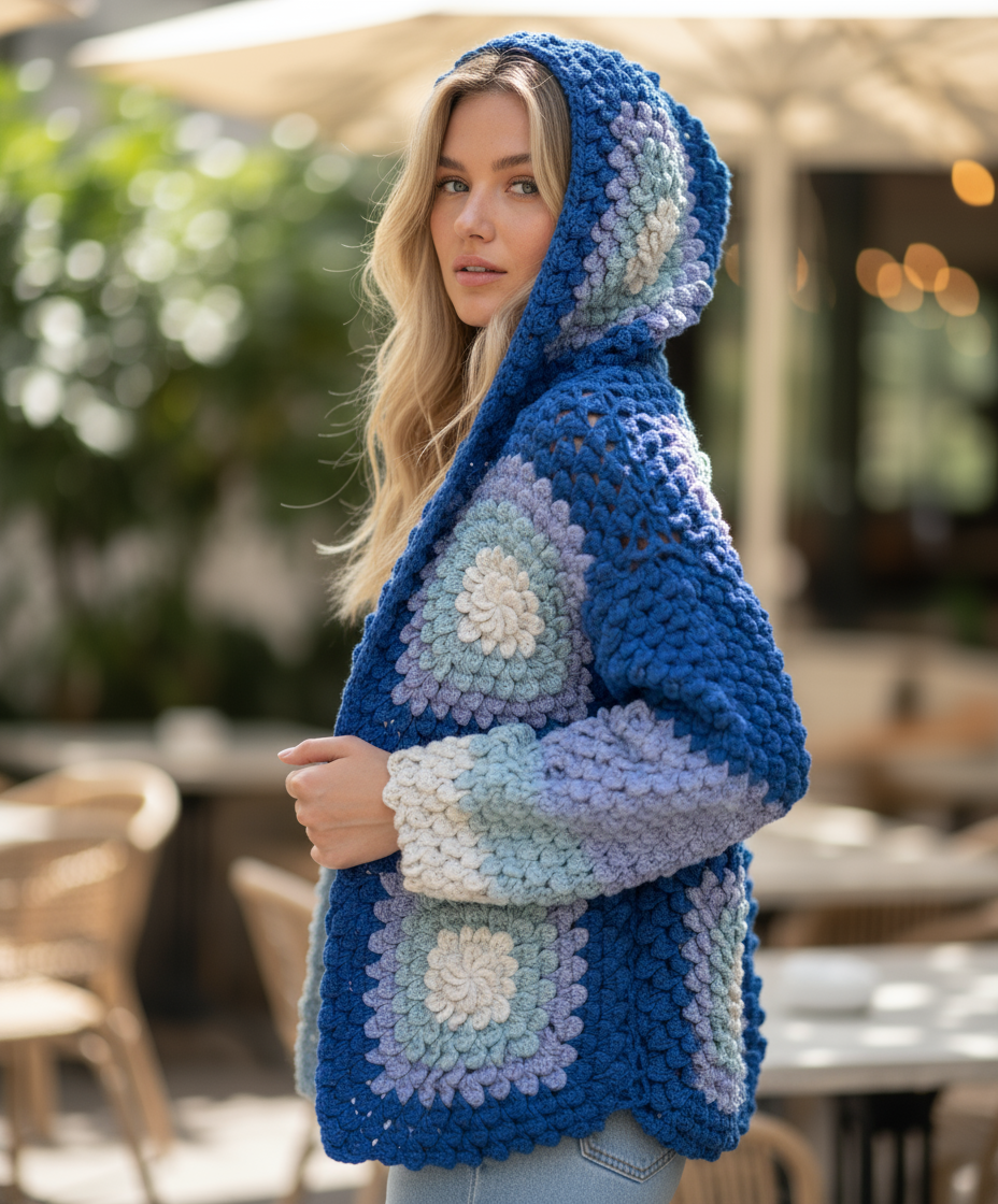 Handmade Crochet Hooded Cardigan | Blue Tones
