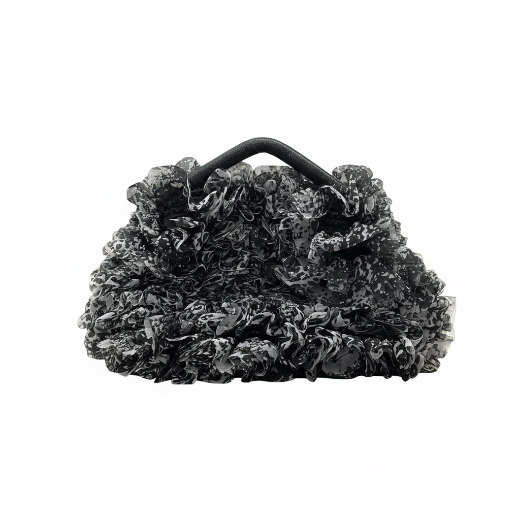 Black Ruffle Art Bag – Textured Fabric Design | Couture Handmade Bag