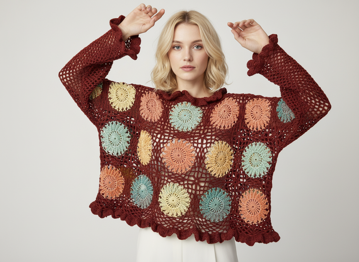 Handmade Crochet Burgundy Cardigan with Pastel Floral Motifs