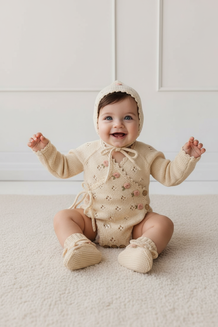 Handmade 3-Piece Baby Set – Cream Crochet Bodysuit, Hat & Booties