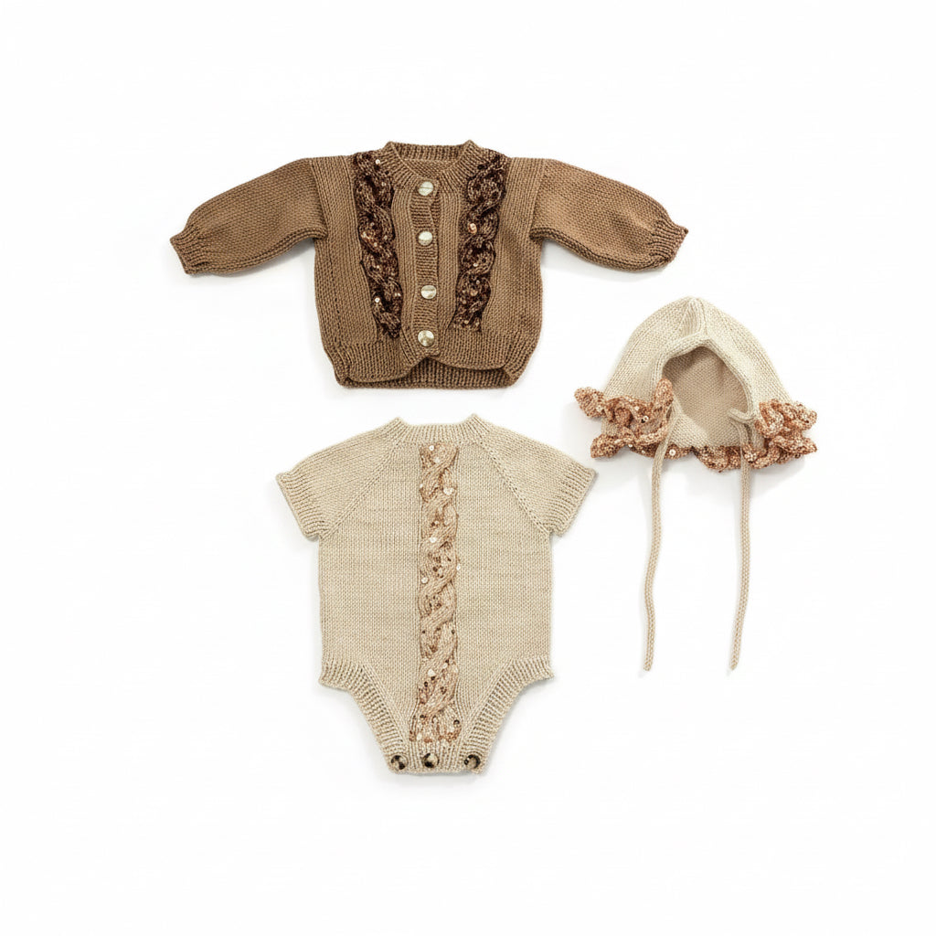 Handmade Sequin 3-Piece Baby Set – Romper, Cardigan & Ruffle Bonnet