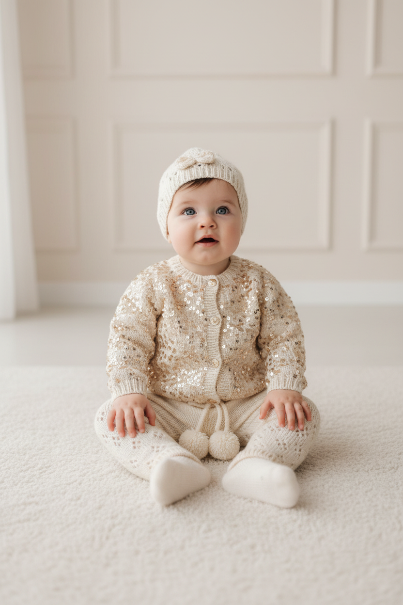 Handmade Sparkling 3-Piece Baby Set – Sequin Cardigan, Hat & Pants