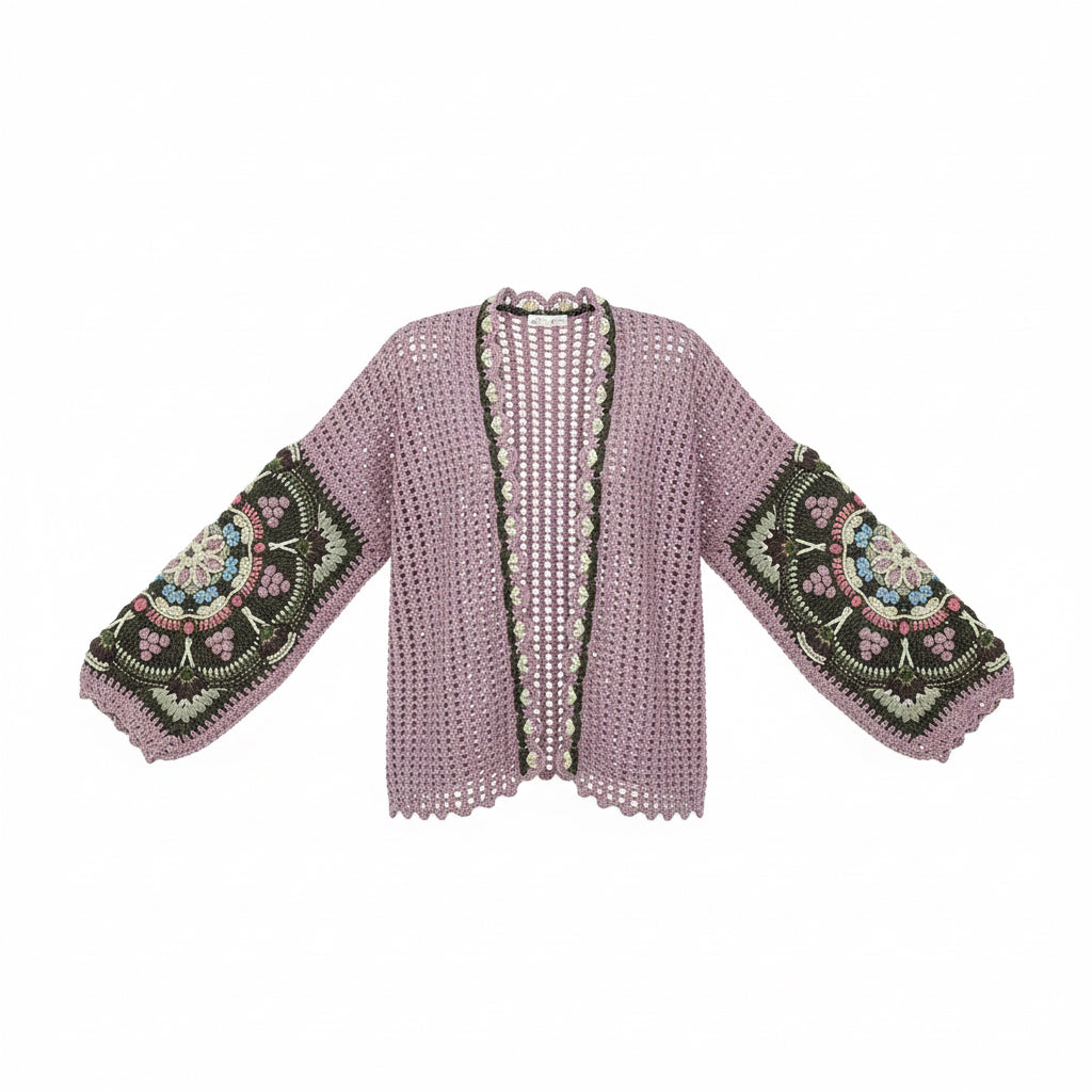 Lilac Crochet Cardigan with Embroidered Sleeves