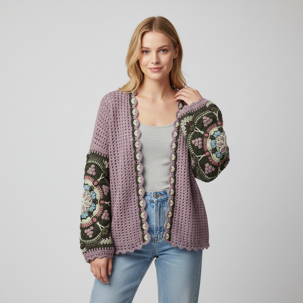 Lilac Crochet Cardigan with Embroidered Sleeves
