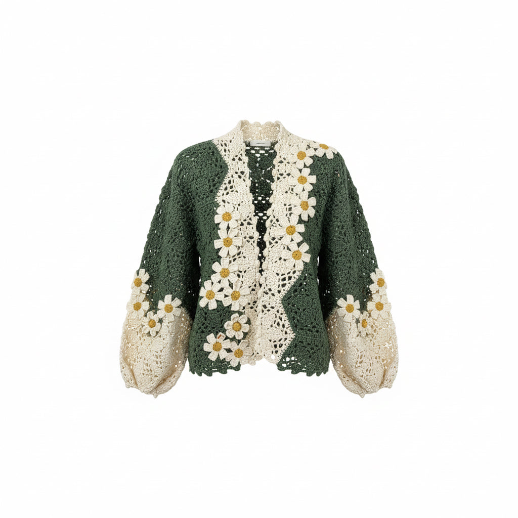 Green & Cream Daisy Crochet Cardigan