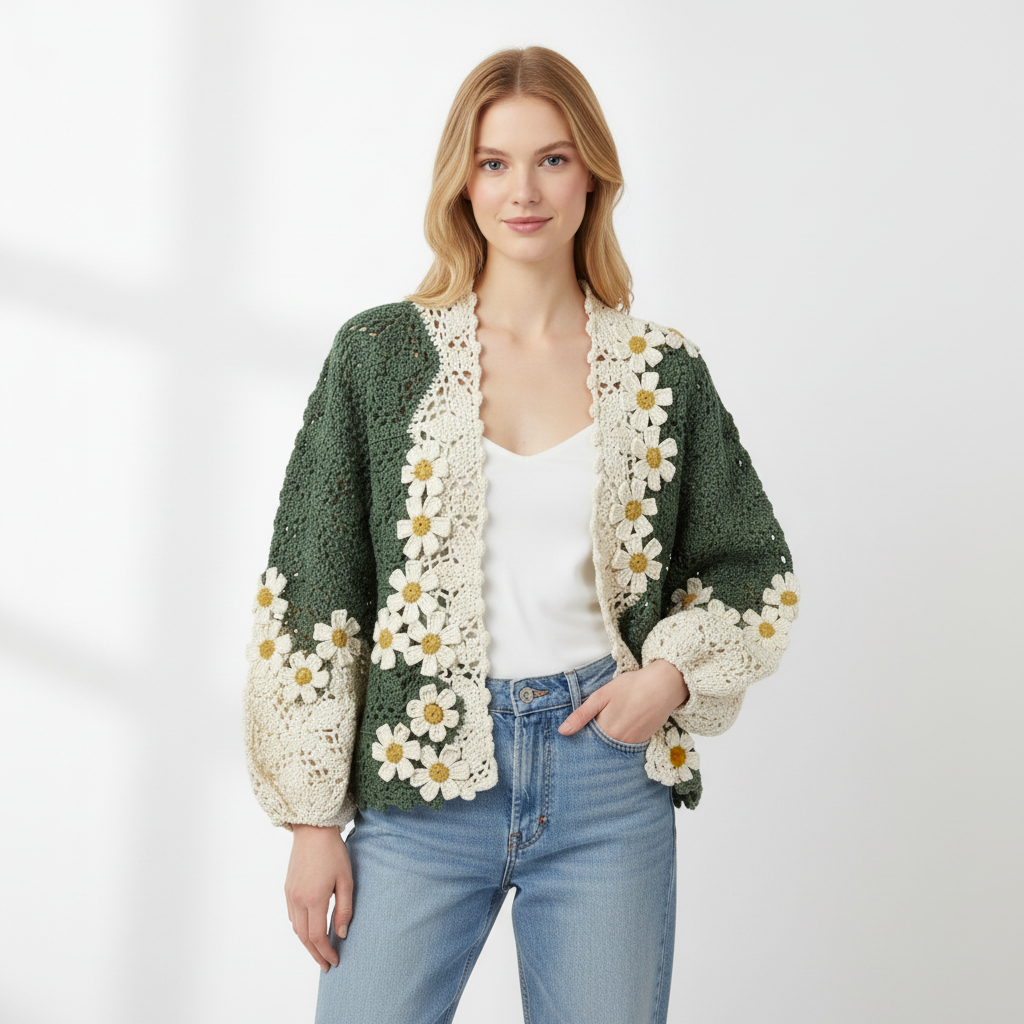 Green & Cream Daisy Crochet Cardigan