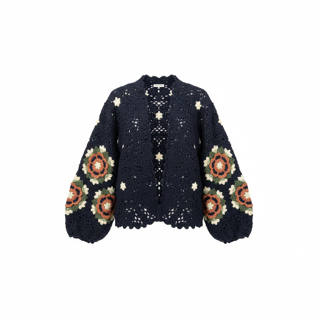 Navy Crochet Boho Cardigan with Floral Sleeves
