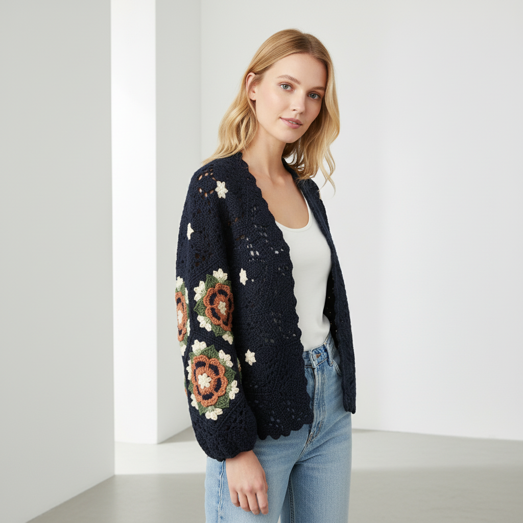 Navy Crochet Boho Cardigan with Floral Sleeves