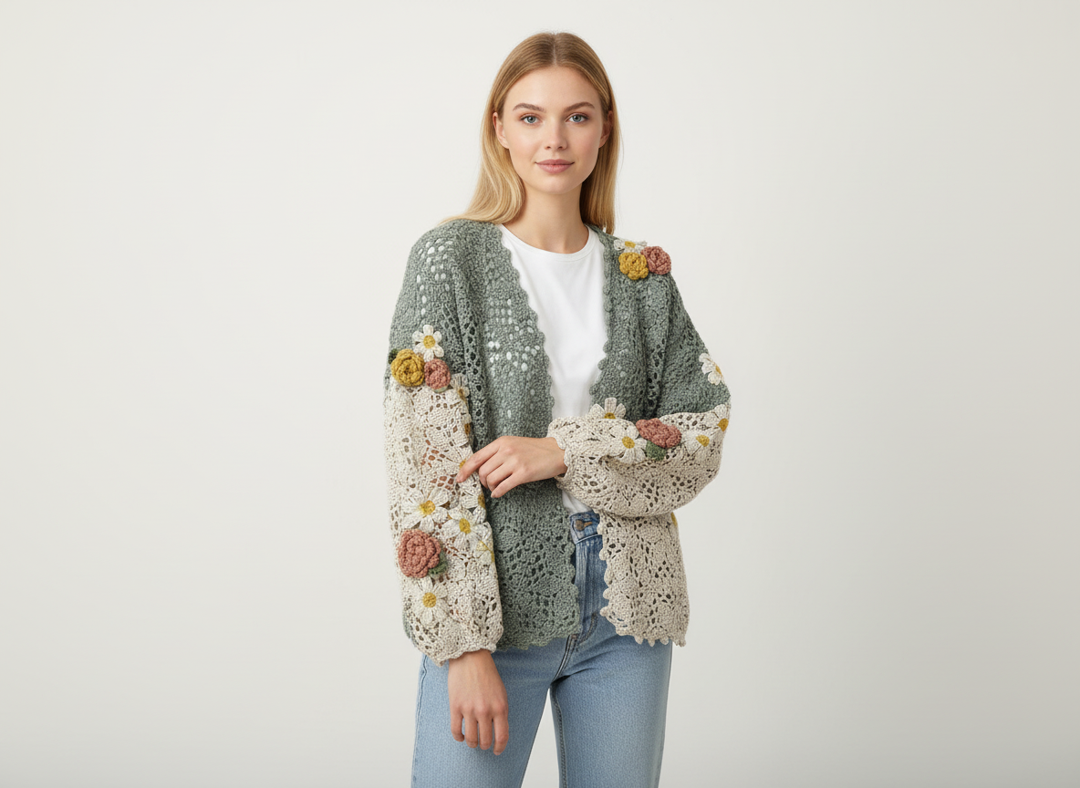 Mint Crochet Floral Sleeve Cardigan