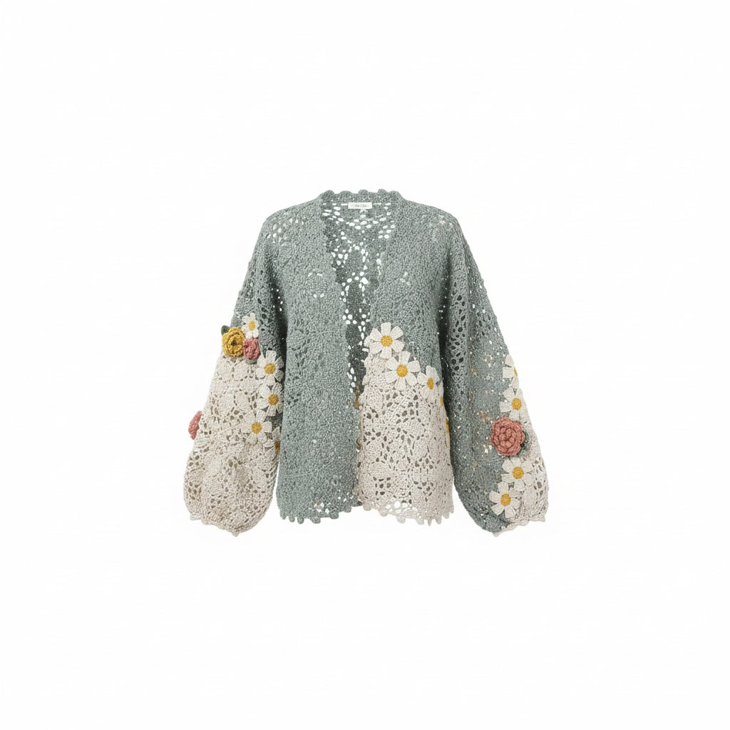 Mint Crochet Floral Sleeve Cardigan