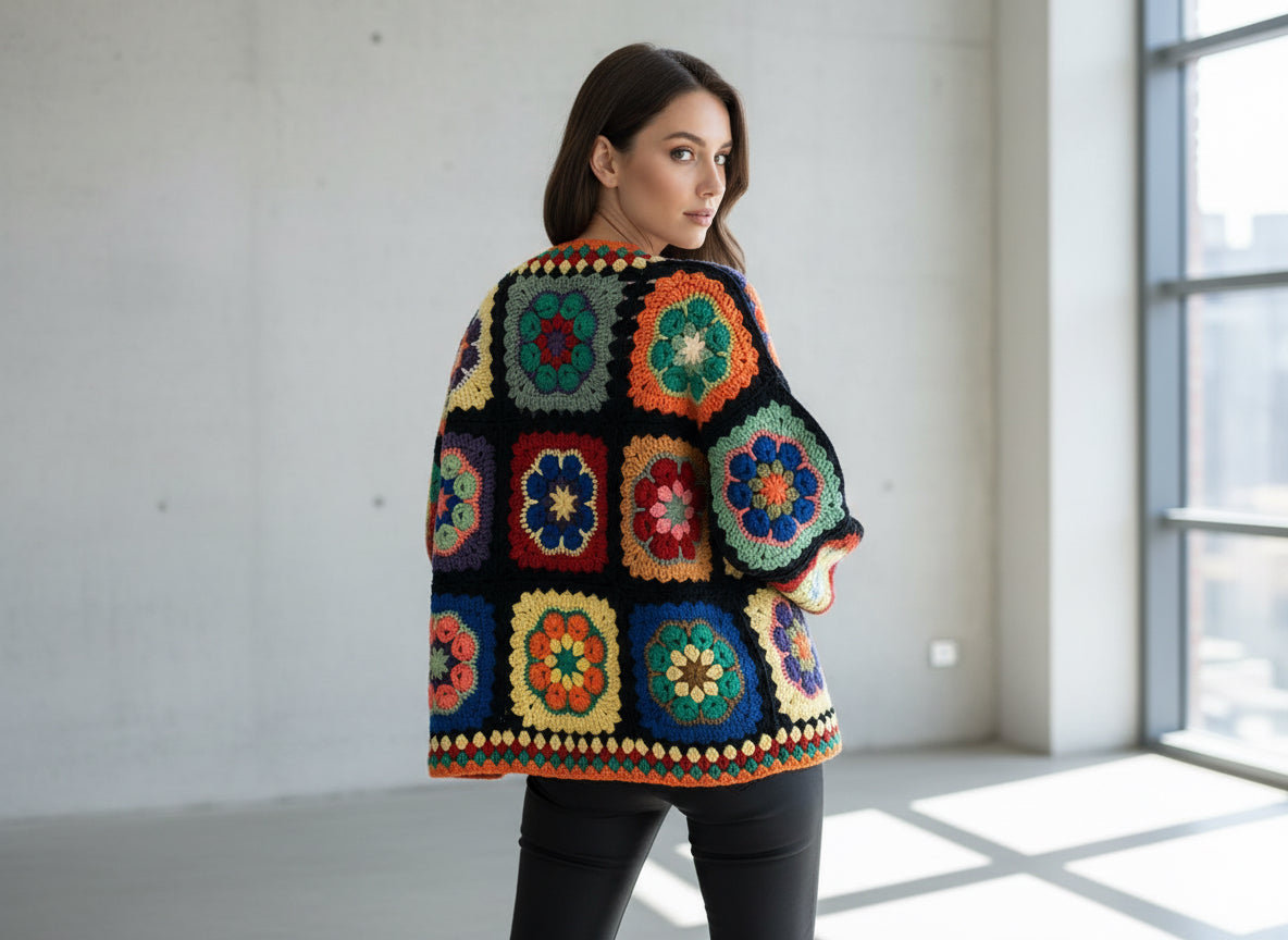 Handmade Multicolor Crochet Jacket – Retro Floral Pattern