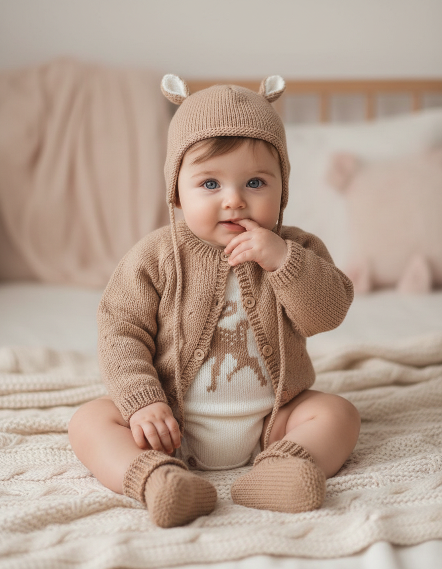 Handmade 4-Piece Baby Set – Deer Pattern Romper, Cardigan, Hat & Booties