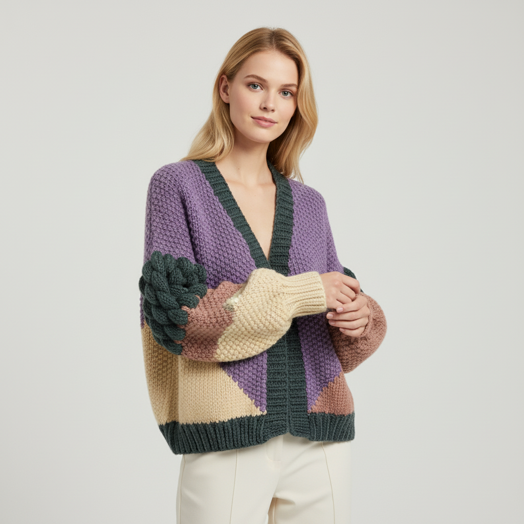 Chunky Colorblock Handmade Knit Cardigan