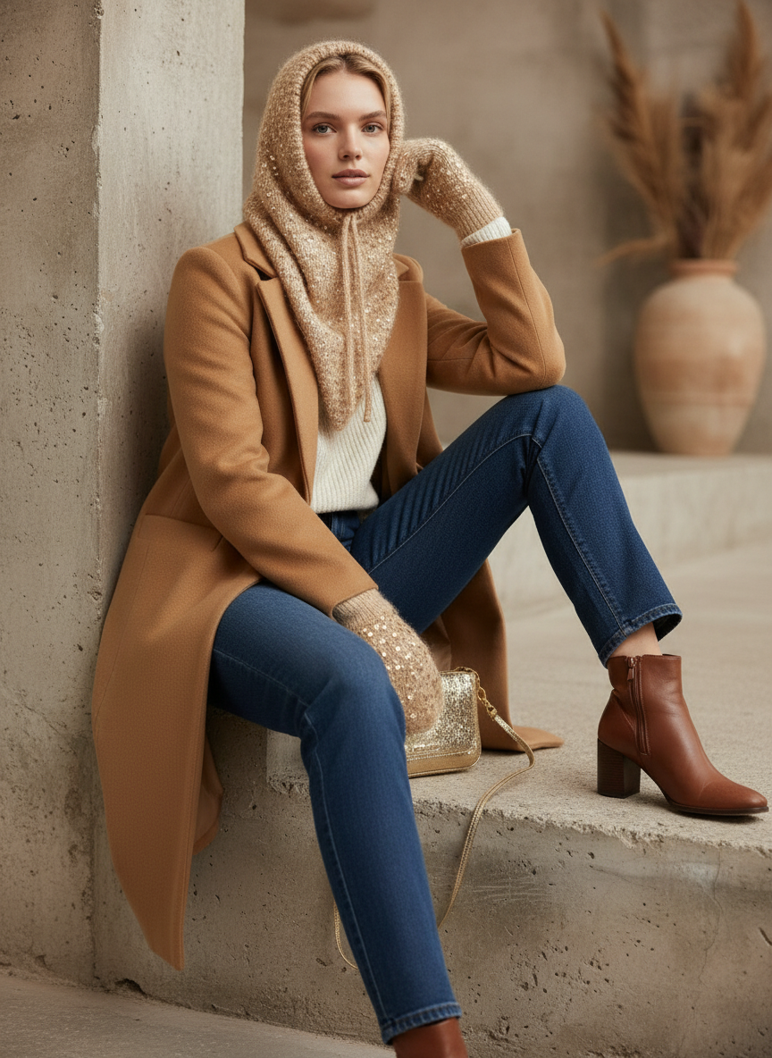 El Örgüsü Şapka ve Eldiven Takımı – Pudra Simli Kış Seti