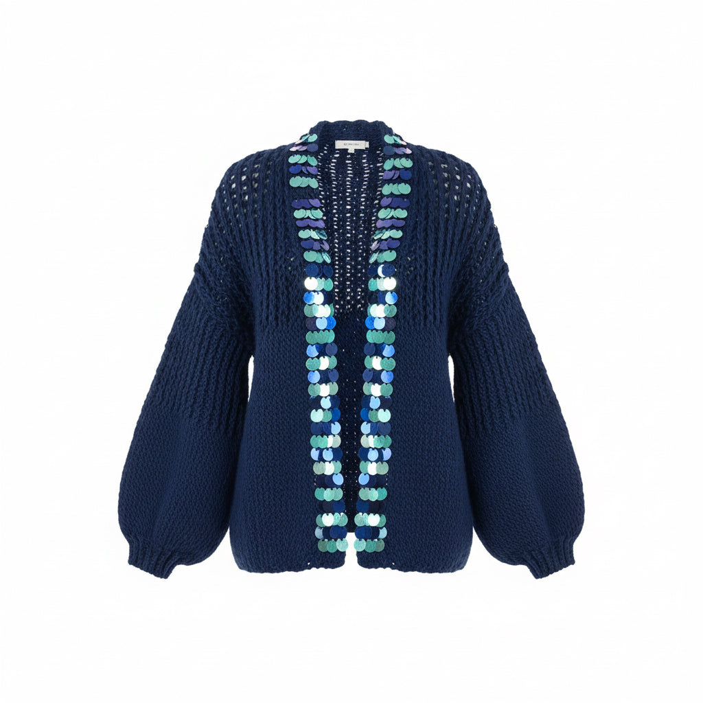 Hand-Knitted Navy Cardigan with Iridescent Sequin Trim