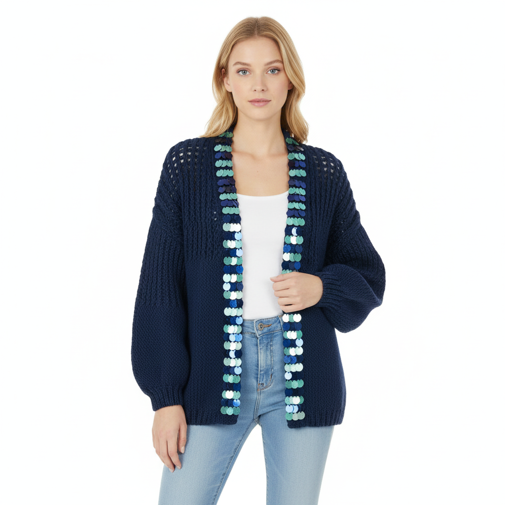 Hand-Knitted Navy Cardigan with Iridescent Sequin Trim