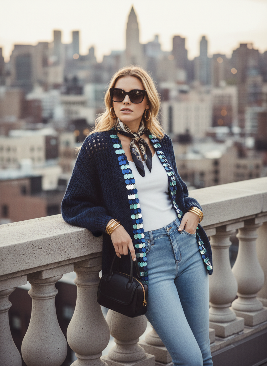 Hand-Knitted Navy Cardigan with Iridescent Sequin Trim