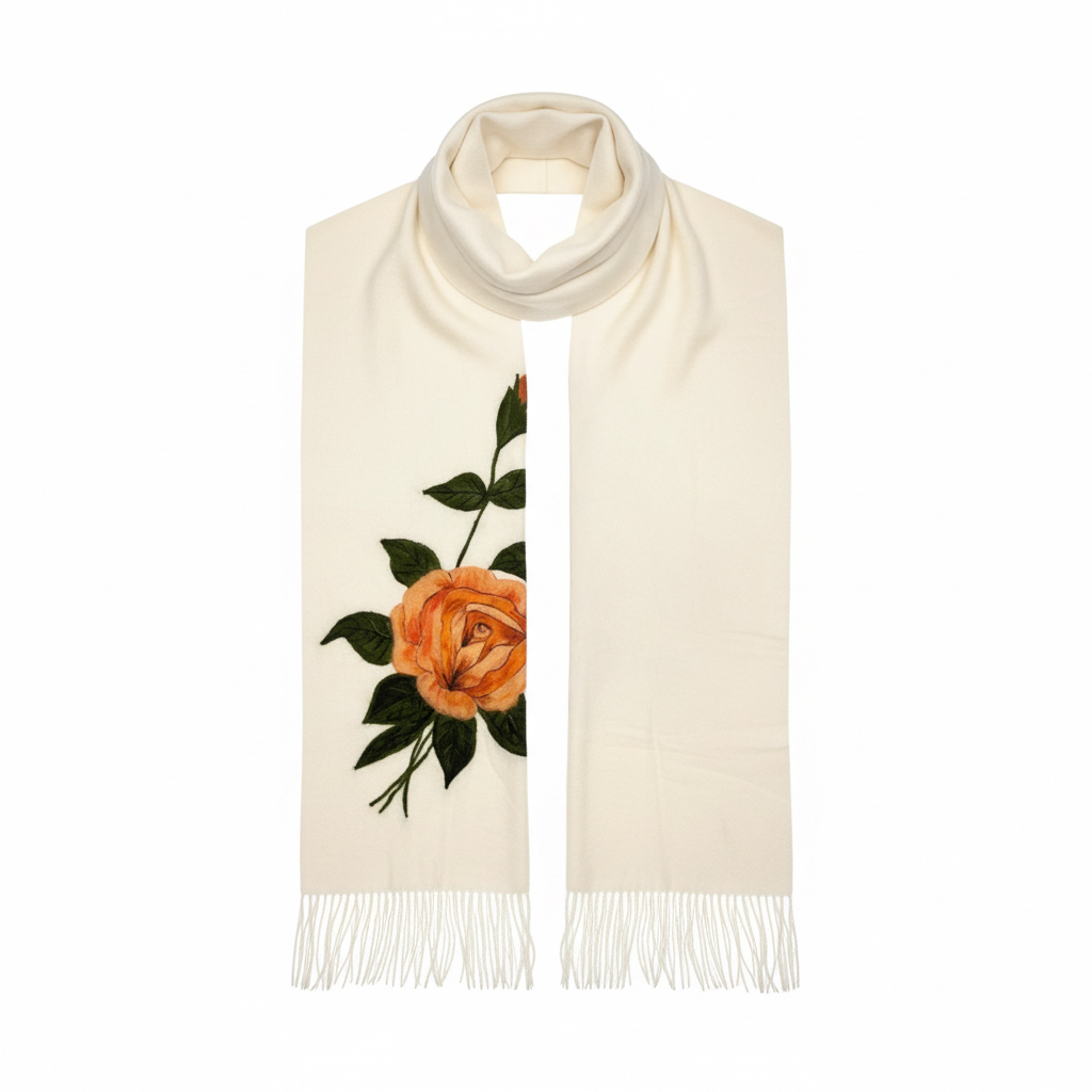 Beige Floral Pattern Shawl – Wool with Felt Painting