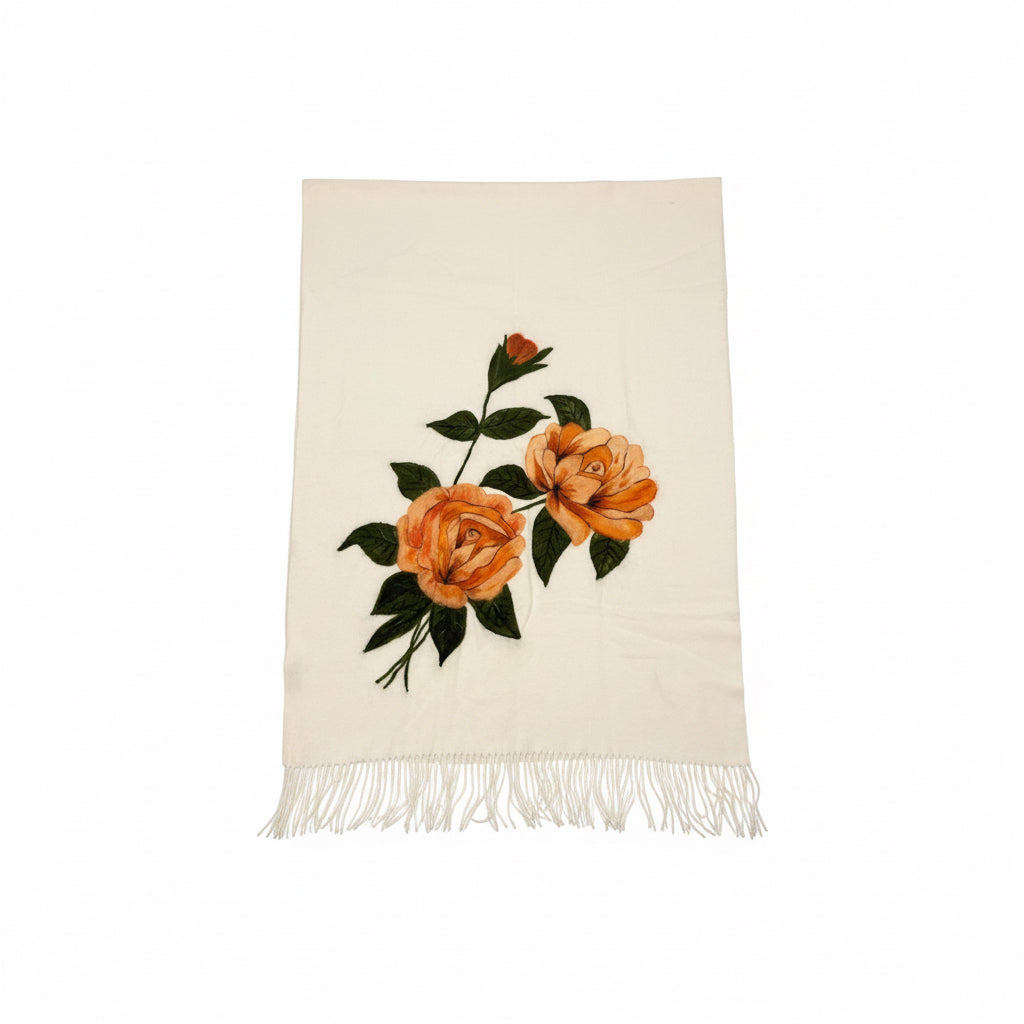 Beige Floral Pattern Shawl – Wool with Felt Painting