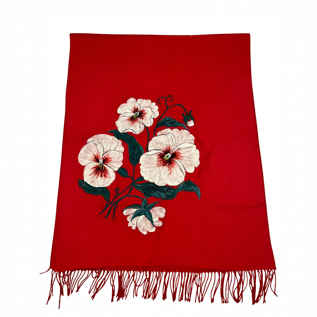 Red Shawl with Wool Felt Painting – Floral Design