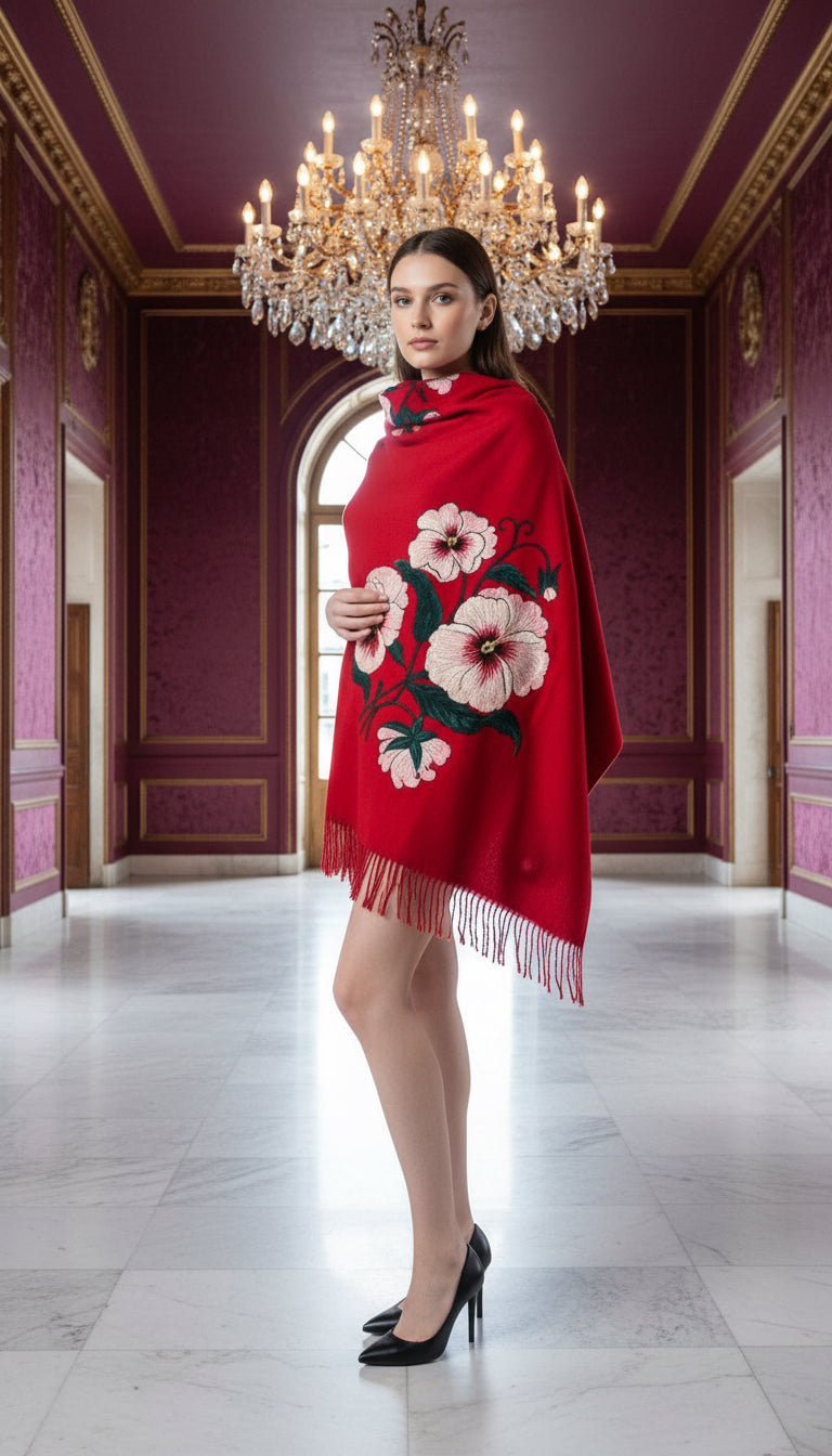Red Shawl with Wool Felt Painting – Floral Design
