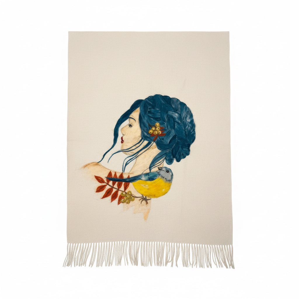 Beige Shawl with Wool Felt Painting – Woman Portrait Design