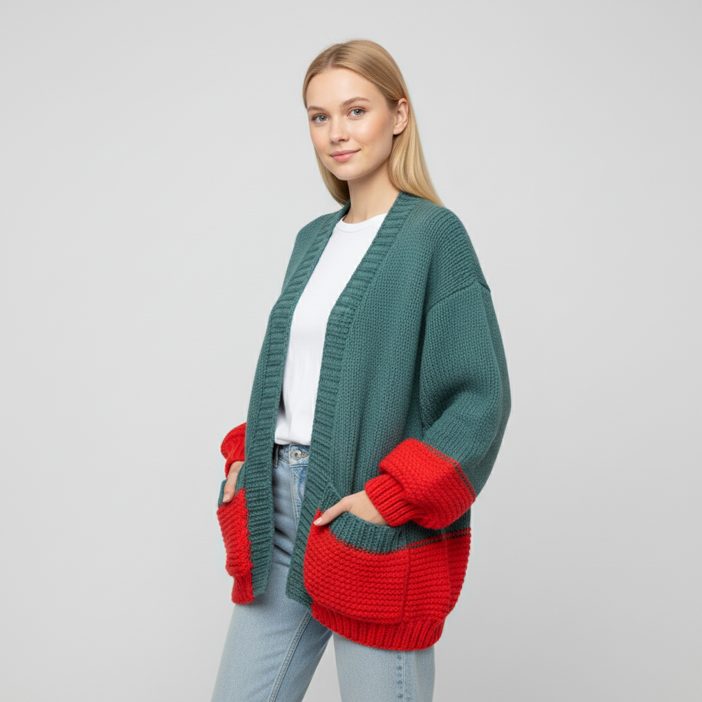 Colorblock Cozy Knit Cardigan – Teal & Red Contrast