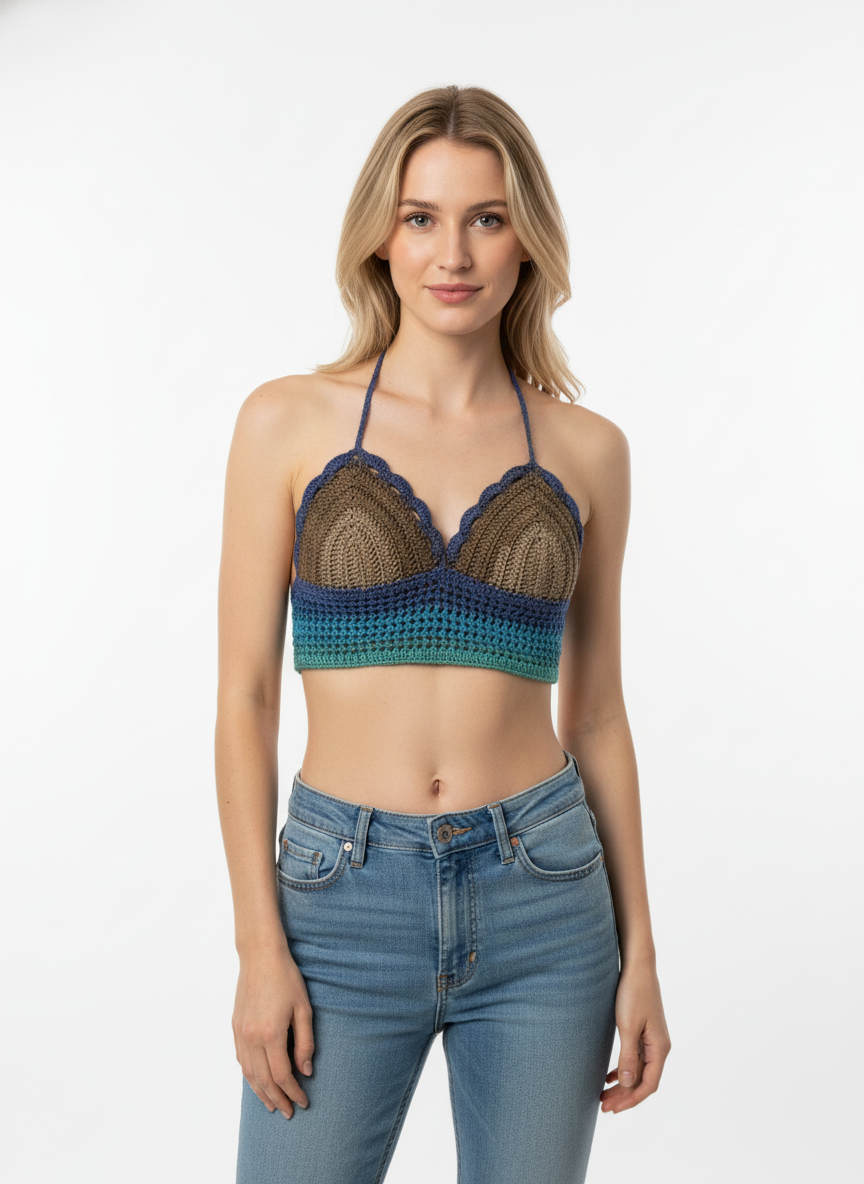 Handmade Crochet Bustier Top |  Green-Blue-Brown Gradient