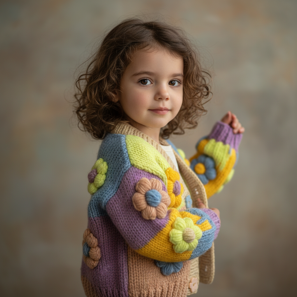 Handmade Crochet Baby Cardigan Color Block & Flower Design