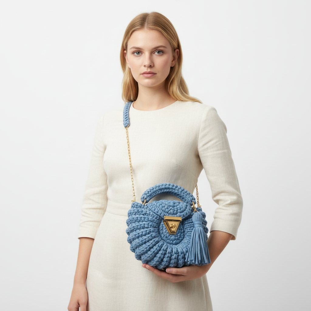 Handmade Round Crochet Bag | Blue | Chain Strap & Tassel Detail