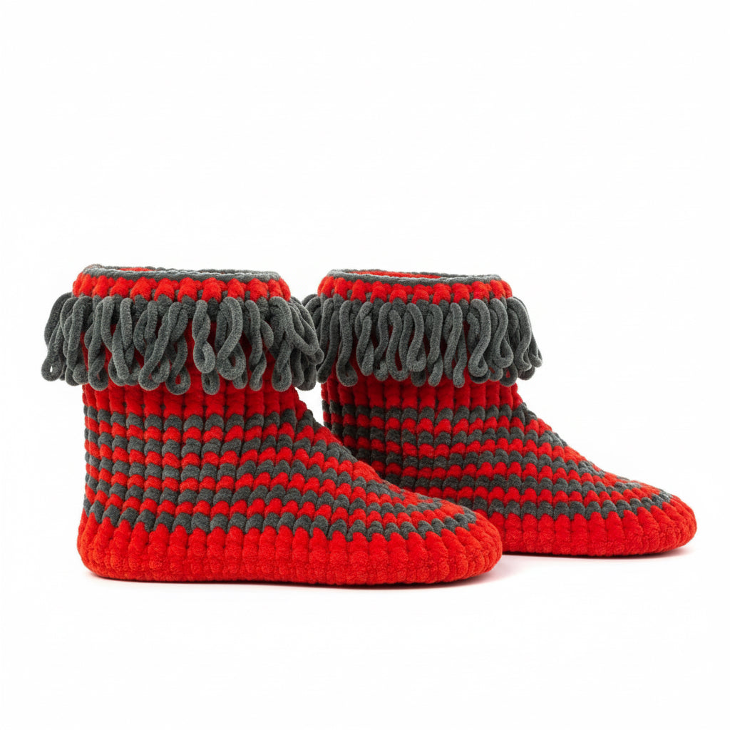 Hand-Knitted Home Booties | Red & Gray
