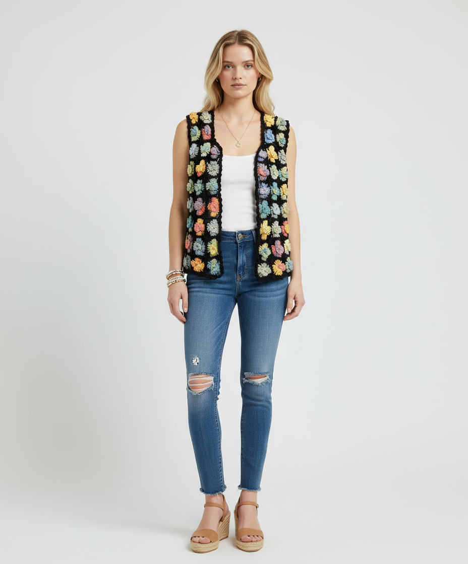 Handmade Crochet Vest | Colorful Floral Motif Design