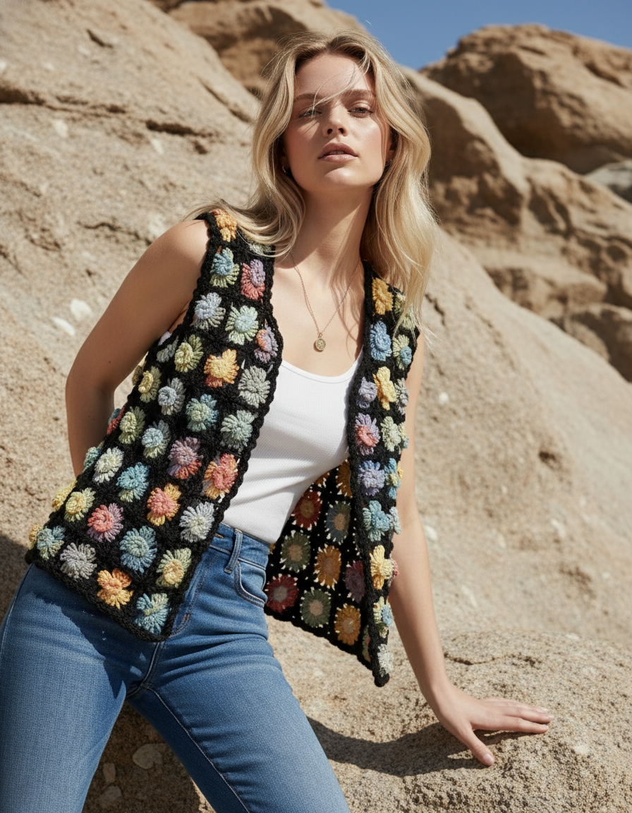 Handmade Crochet Vest | Colorful Floral Motif Design