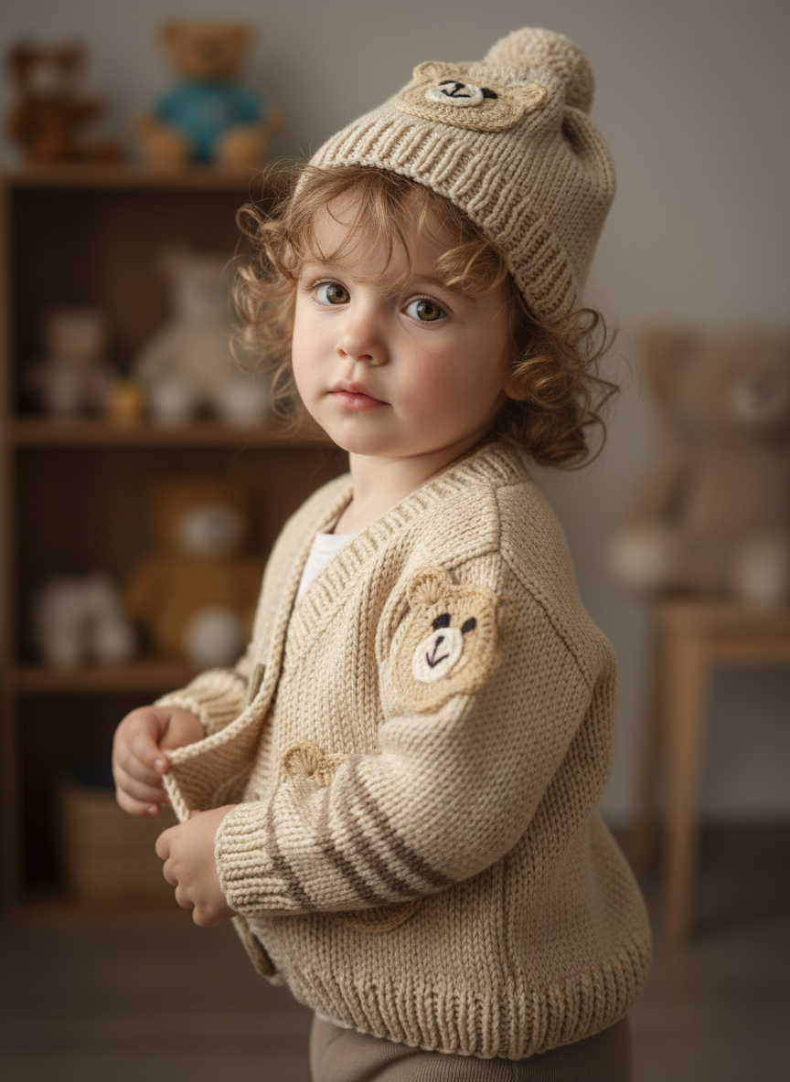Handmade Baby Cardigan and Hat Set with Bear Motif