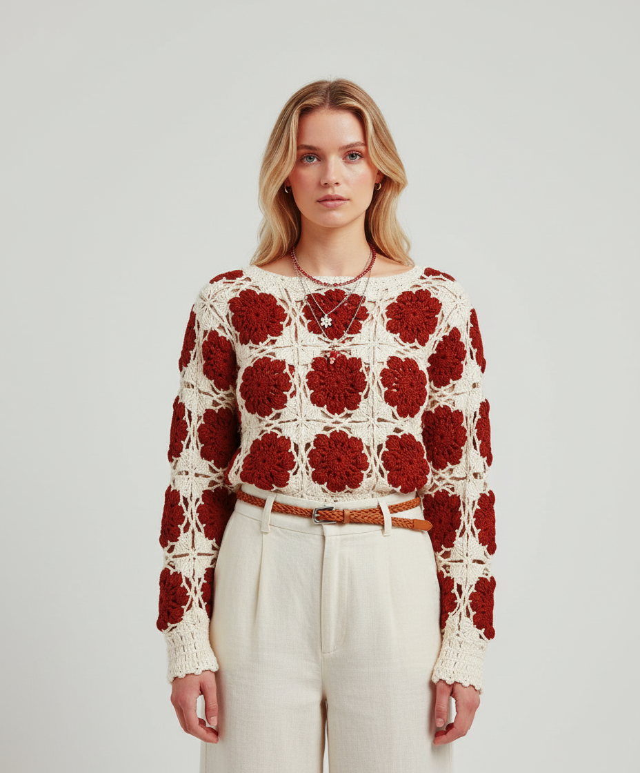 Handmade Crochet Blouse | Cream and Red Floral Motif