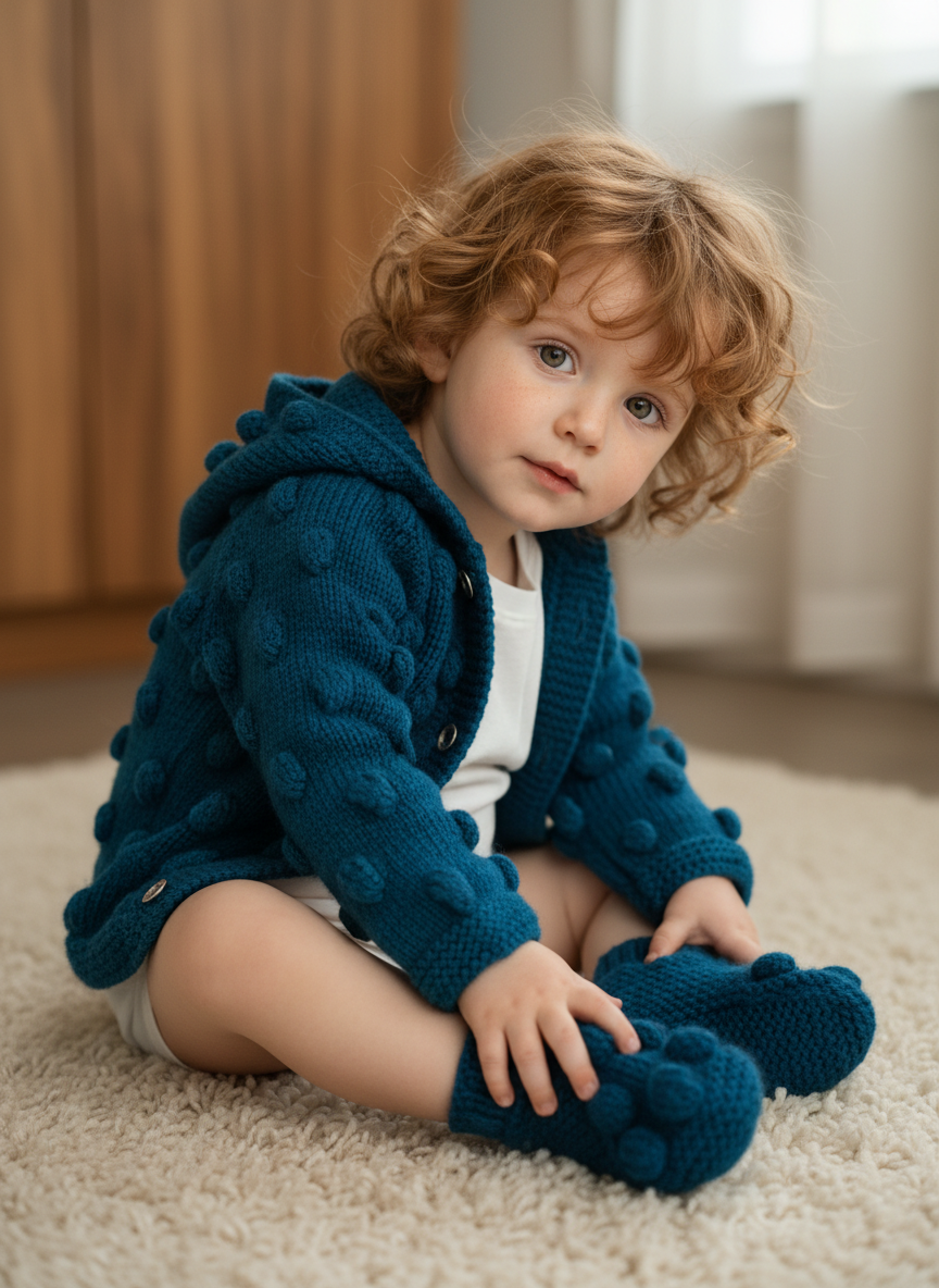 Handmade Kids’ Cardigan & Socks Set | Teal Blue