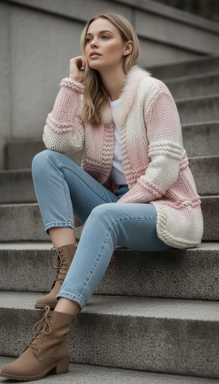 Handmade Knit Cardigan with Faux Fur Collar