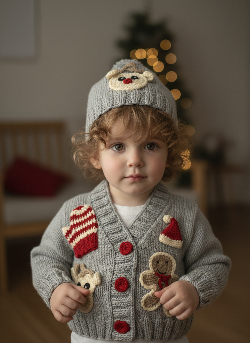 Handmade Christmas Baby Cardigan and Hat Set