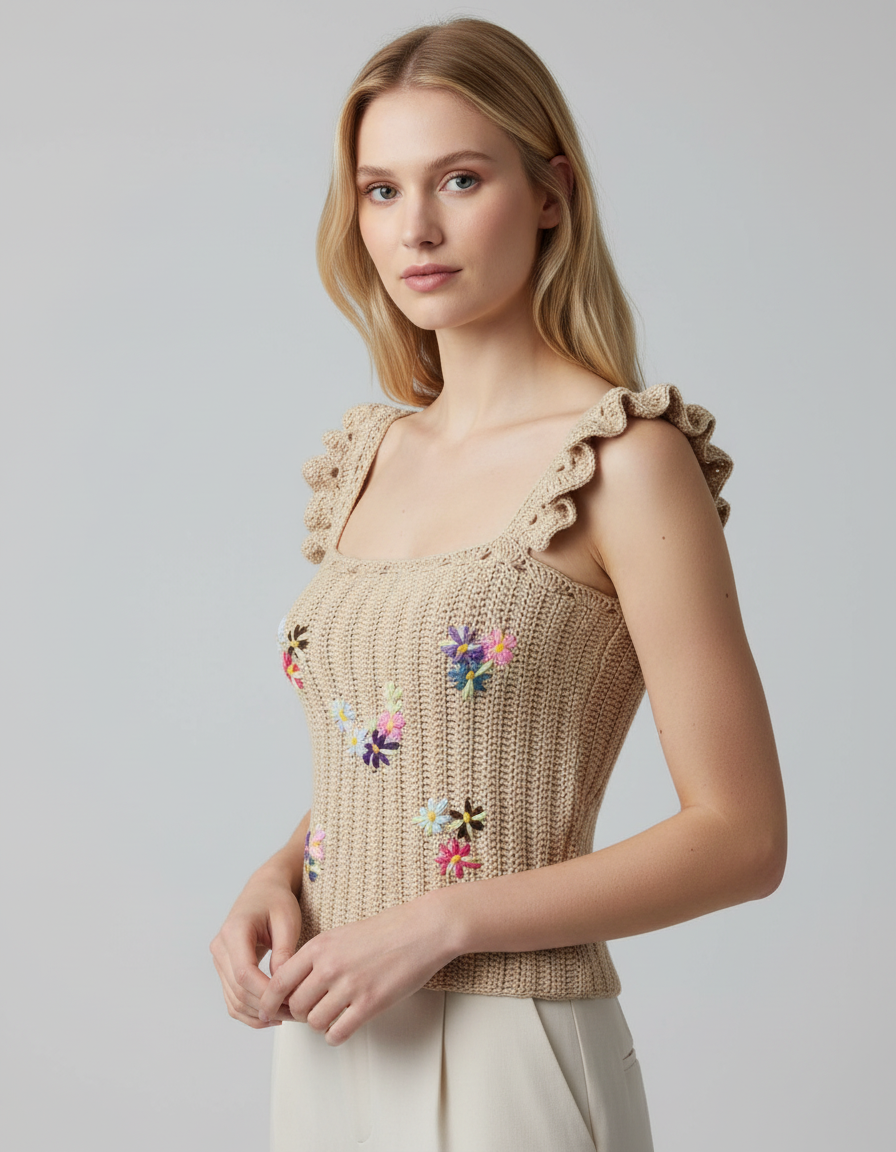 Crochet Coquette Blouse with Floral Embroidery