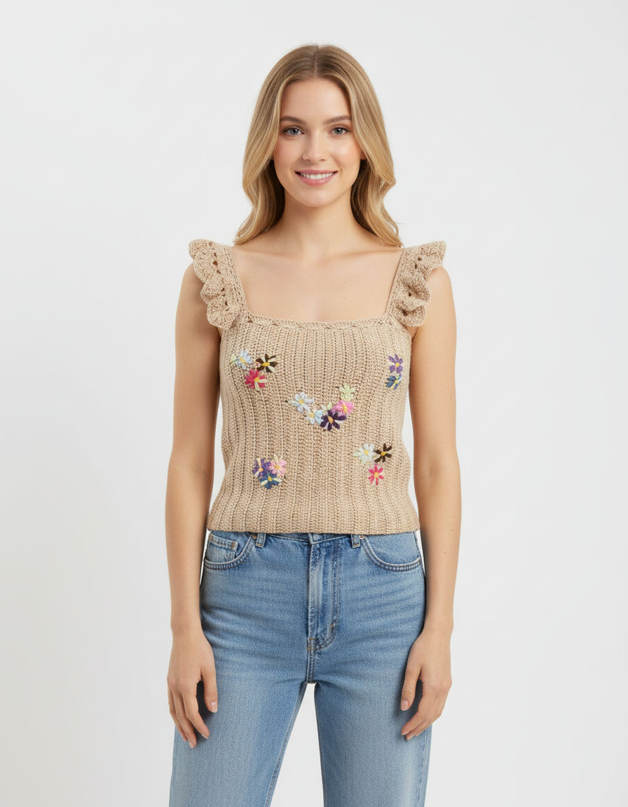 Crochet Coquette Blouse with Floral Embroidery