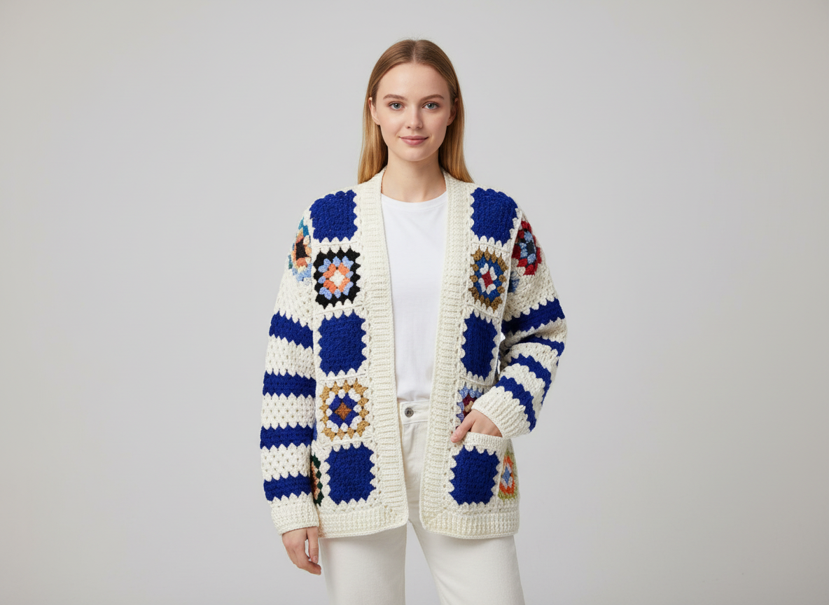 Handmade Blue Patch Crochet Cardigan