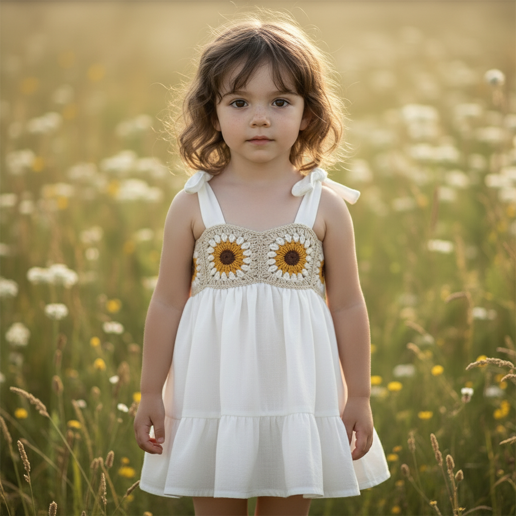 Handmade Crochet and Cotton Dress with Sunflower Detail – Adjustable Straps