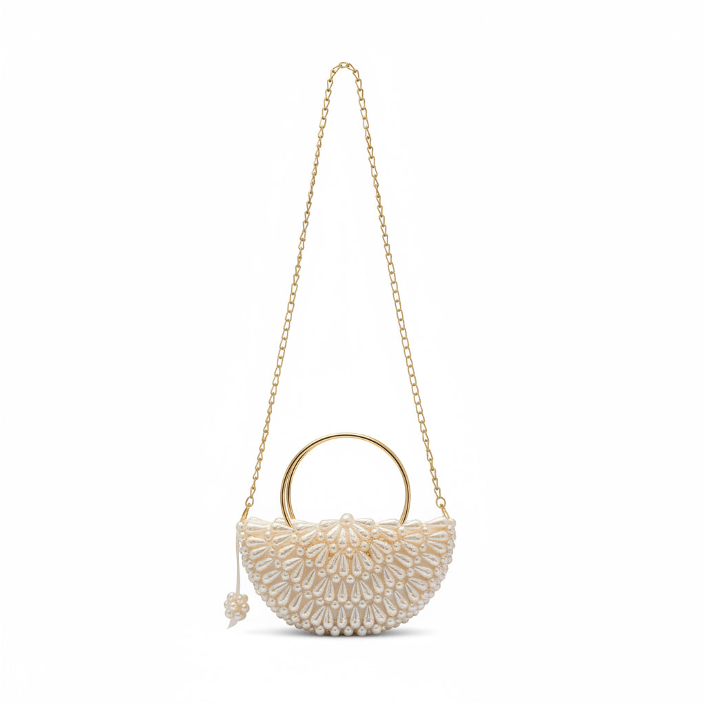 Handmade Oyster Bag | Pearl Embellished with Gold Chain Strap