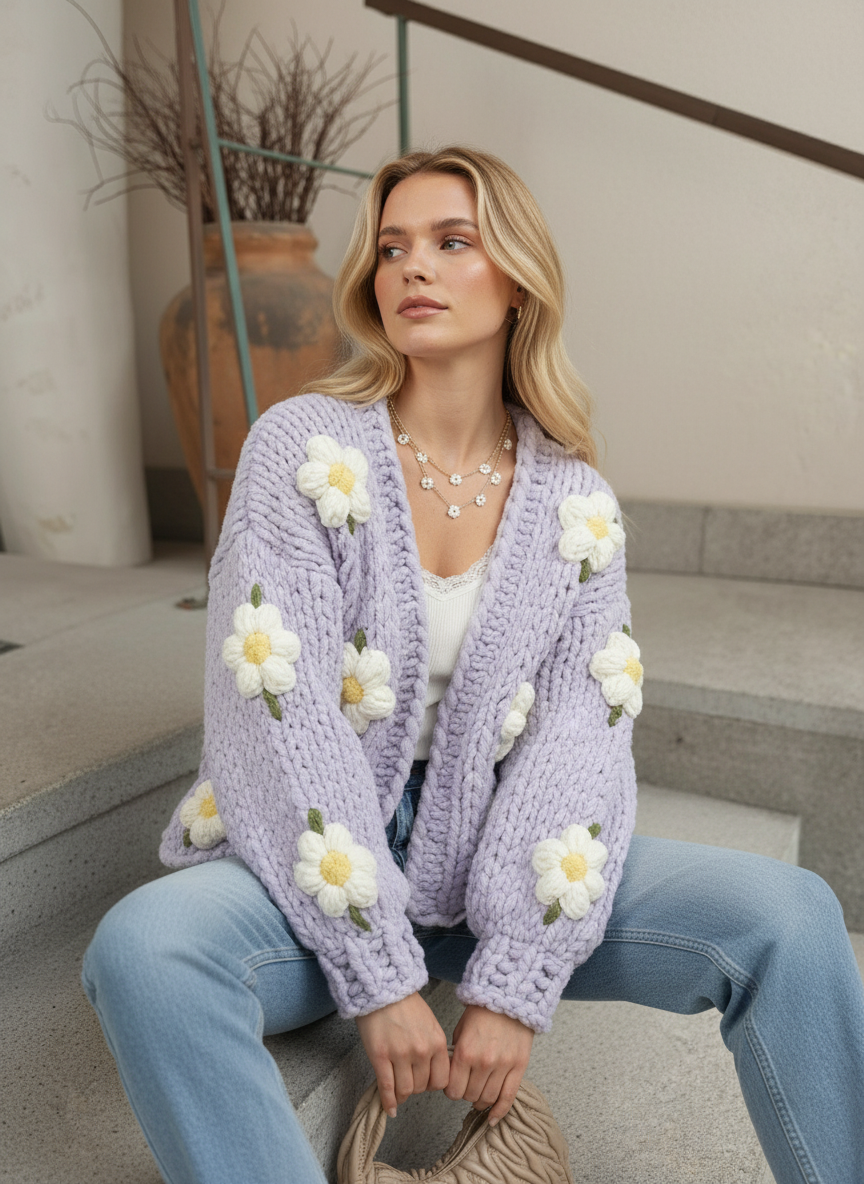 Lilac Daisy Crochet Crop Cardigan