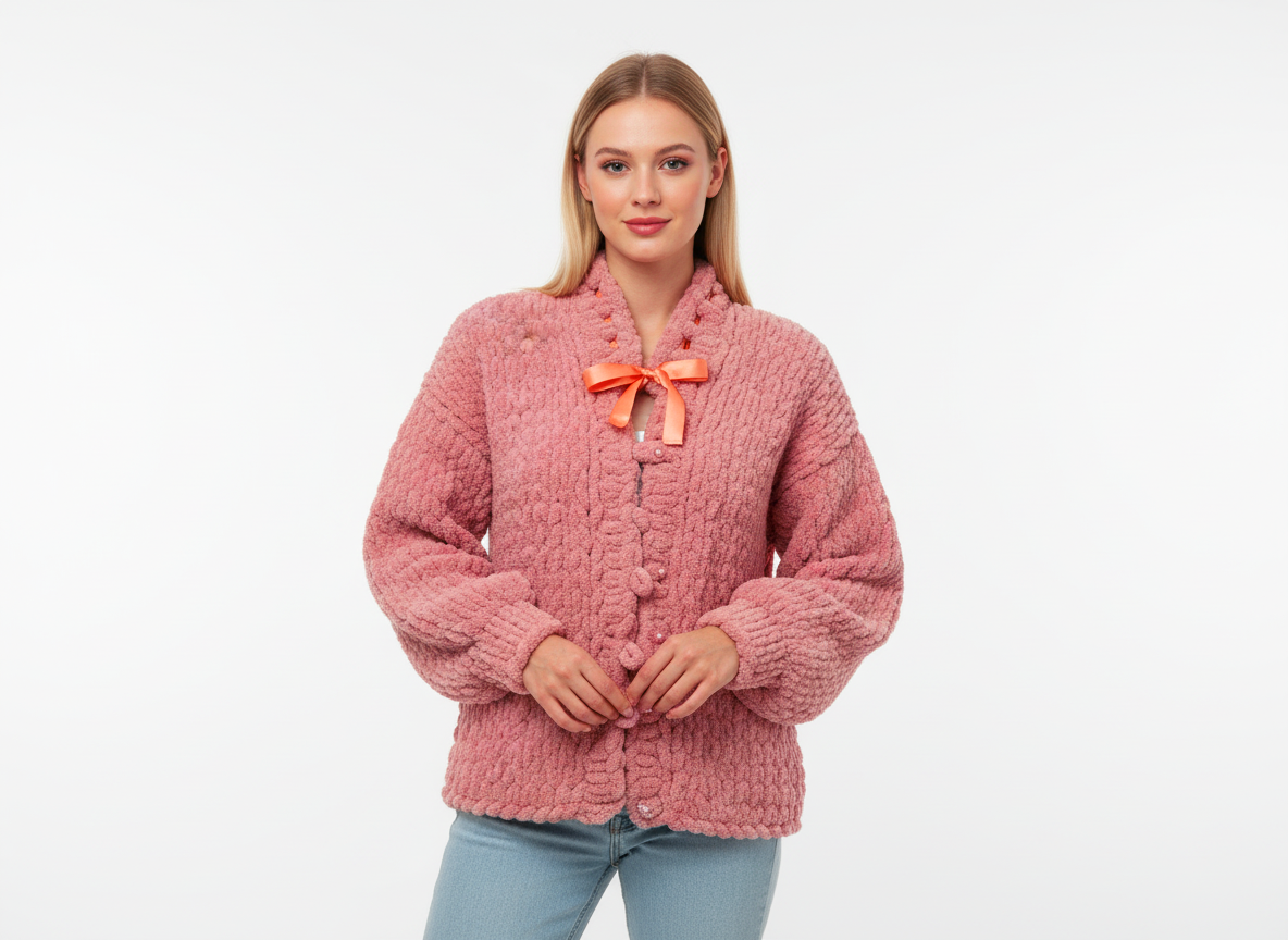 Pink Crop Cardigan with Bow and Pearl-Style Buttons