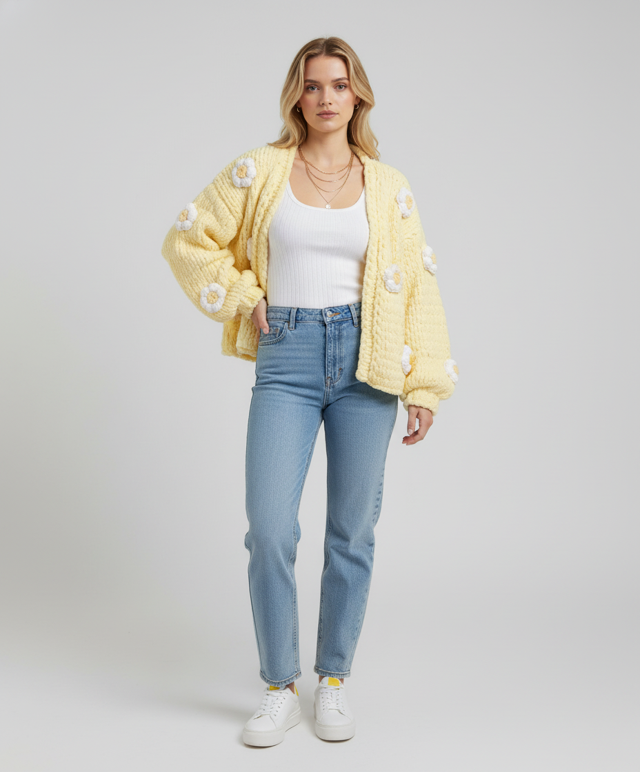 Hand-Knitted Yellow Daisy Crop Cardigan
