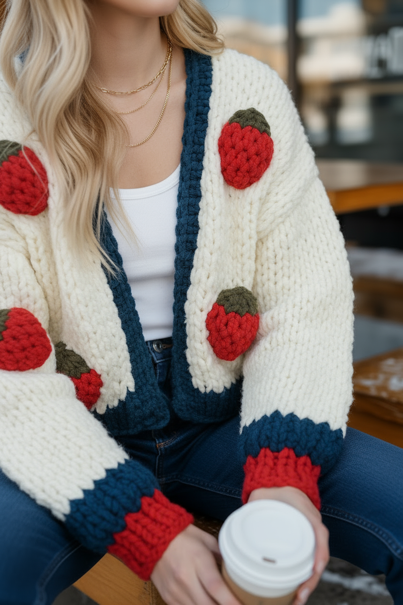 Hand-Knitted Strawberry Crop Cardigan
