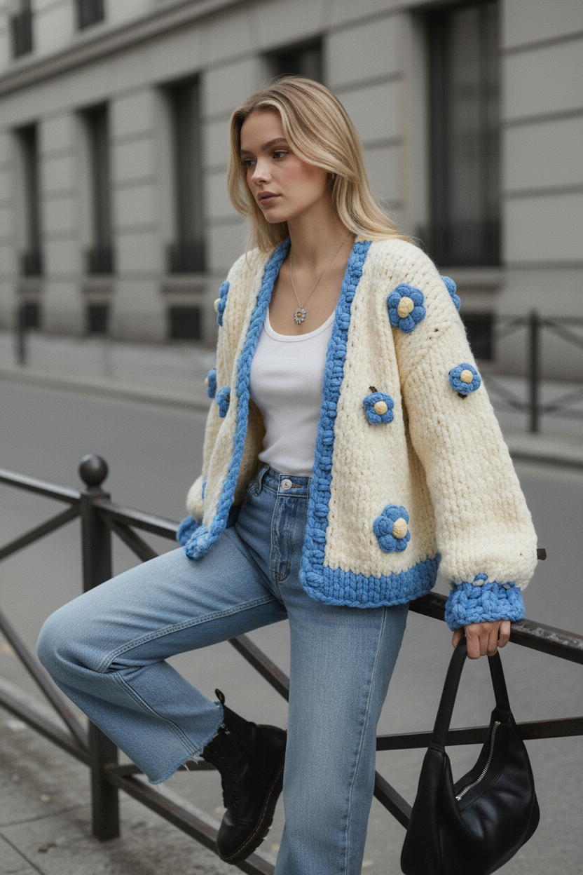 Hand-Knitted Blue Floral Crop  Cardigan