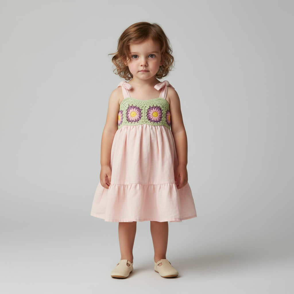 Handmade Crochet and Woven Fabric Dress – Adjustable Straps