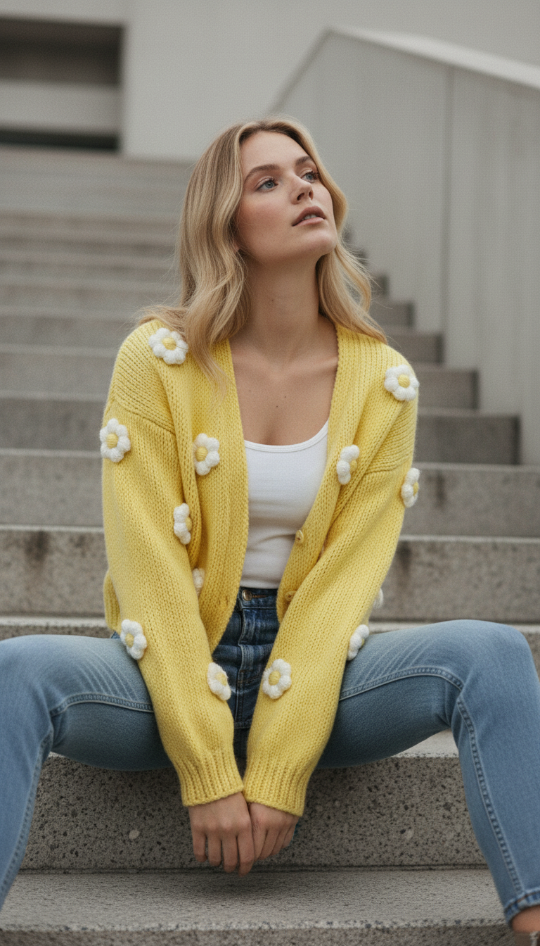 3D Floral Yellow Daisy Knit Cardigan